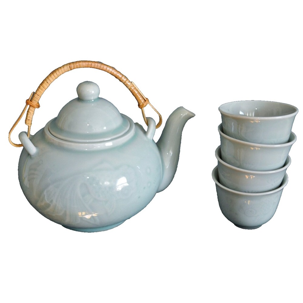 Canton Express Celadon Goldfish Teapot Teacup Set 4 Sake Cups Fish Pale Green